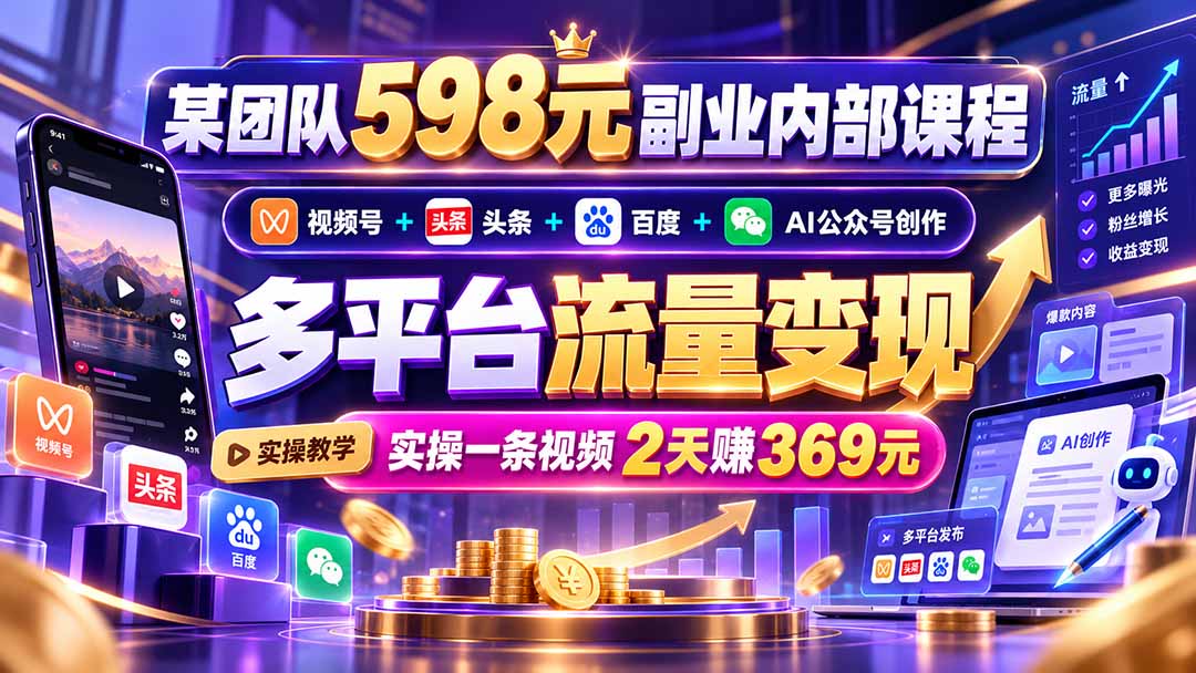 某团队598元副业内部课程：视频号+头条+百度+AI公众号创作、多平台流量变现，实操一条视频2天赚369元