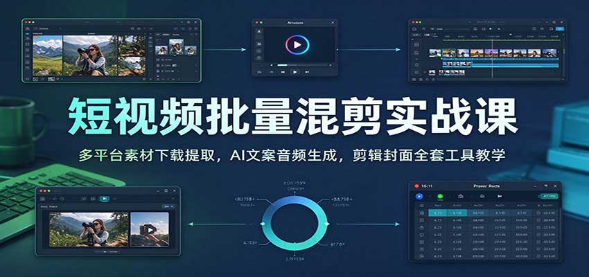 短视频批量混剪实战课：多平台素材下载提取，AI文案音频生成，剪辑封面全套工具教学
