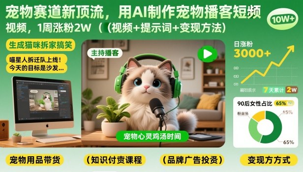 宠物赛道新顶流,用AI制作宠物播客短视频,1周涨粉2W(视频+提示词+变现方法) 宠物赛道新顶流,用AI制作宠物播客短视频,1周涨粉2W(视频+提示词+变现方法)