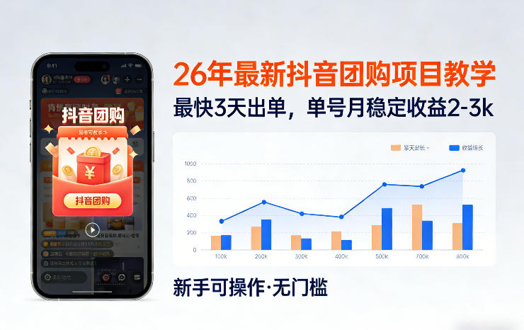 26年最新抖音团购项目教学,0门槛,最快3天出单,单号月稳定收益2-3k 26年最新抖音团购项目教学,0门槛,最快3天出单,单号月稳定收益2-3k