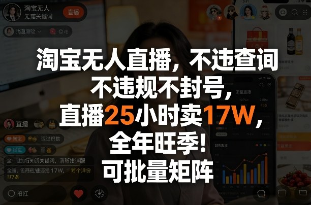 淘宝无人直播,不违规不封号,直播25小时卖17W,全年旺季!可批量矩阵 淘宝无人直播,不违规不封号,直播25小时卖17W,全年旺季!可批量矩阵