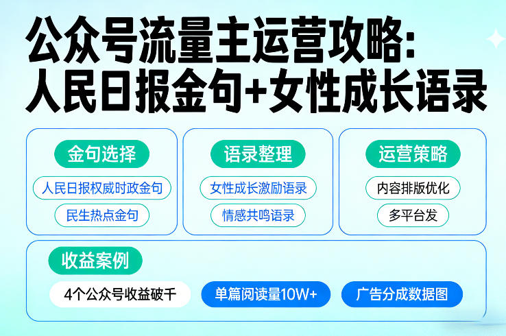 利用人民日报金句+女性成长语录做公众号流量主,4个公众号收益破千 利用人民日报金句+女性成长语录做公众号流量主,4个公众号收益破千