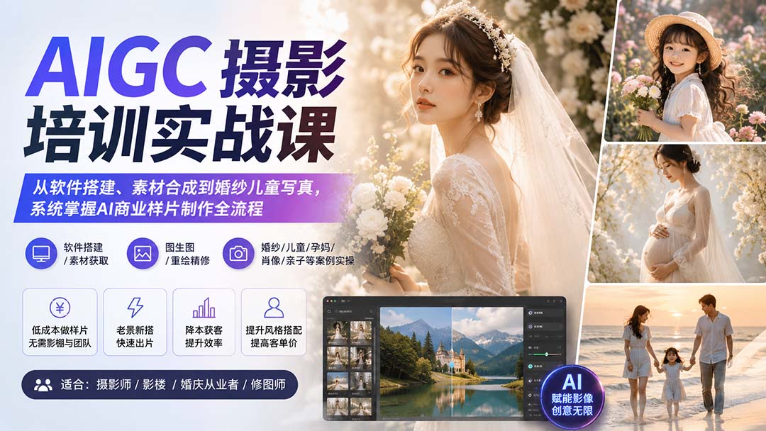（20161期）AIGC摄影培训实战课：从软件搭建、素材合成到婚纱儿童写真，系统掌握AI商业样片制作全流程