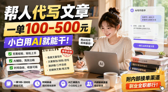帮人代写文章,一单100-500,小白用AI就能干,附内部接单渠道,副业全职都行 帮人代写文章,一单100-500,小白用AI就能干,附内部接单渠道,副业全职都行