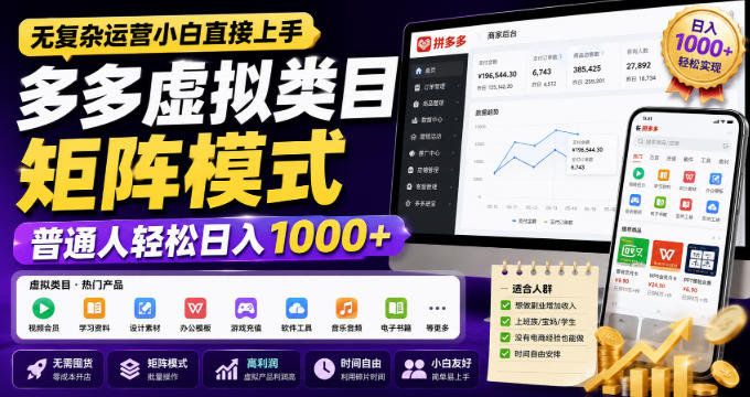 无复杂运营小白直接上手,多多虚拟类目矩阵模式,普通人轻松日入1000+ 无复杂运营小白直接上手,多多虚拟类目矩阵模式,普通人轻松日入1000+