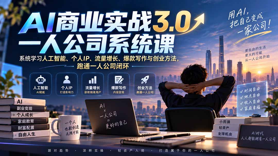 (20249期)AI商业实战3.0一人公司系统课:系统学习人工智能、个人IP、流量增长、爆款写作与创业方法,跑通一人公司闭环 (20249期)AI商业实战3.0一人公司系统课:系统学习人工智能、个人IP、流量增长、爆款写作与创业方法,跑通一人公司闭环