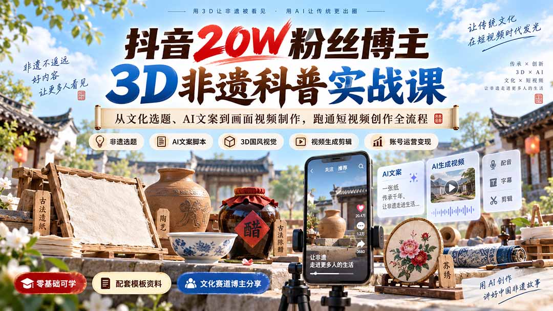 （20356期）抖音20W粉丝博主3D非遗科普实战课：从文化选题、AI文案到画面视频制作，跑通短视频创作全流程
