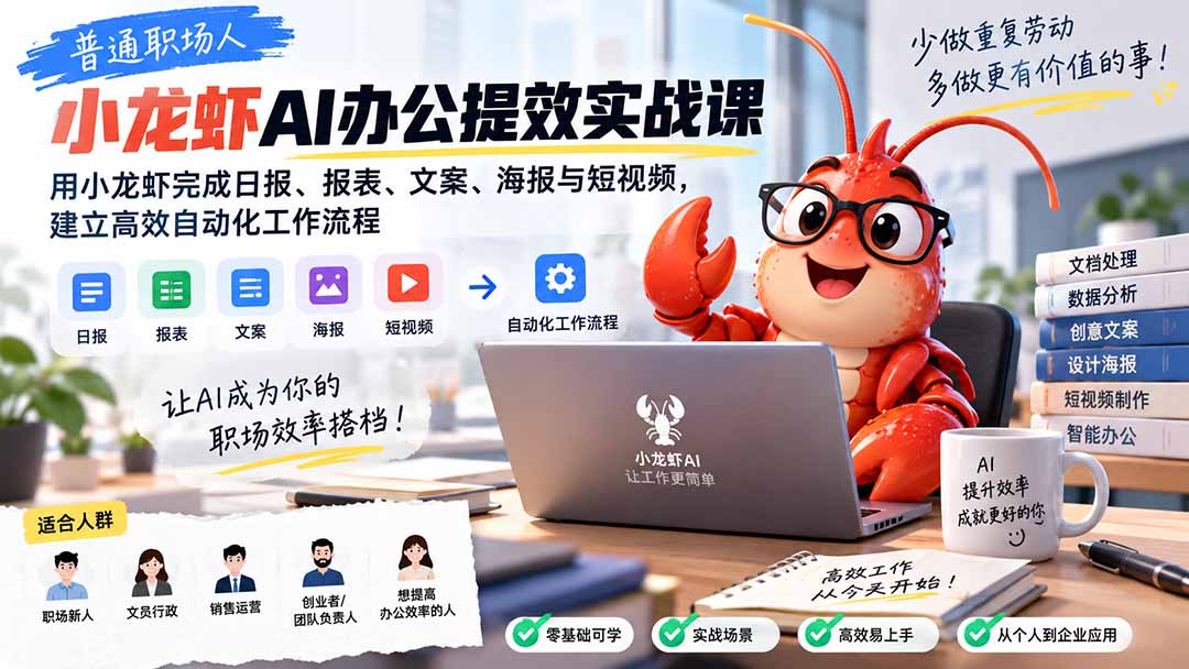 （20379期）普通职场人AI办公提效实战课：用小龙虾完成日报、报表、文案、海报与短视频，建立高效自动化工作流程