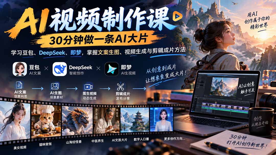 （20380期）AI视频制作课-30分钟做一条AI大片：学习豆包、DeepSeek、即梦，掌握文案生图、视频生成与剪辑成片方法