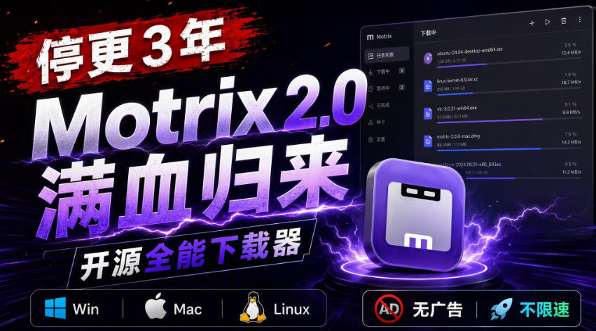 （20382期）停更3年，Motrix 2.0满血归来：开源全能下载器，Win/Mac/Linux通吃，无广告不限速