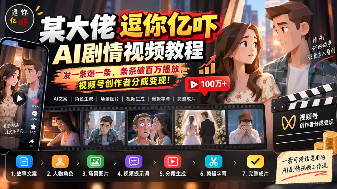 （20388期）某大佬逗你亿吓AI低模剧情视频制作教程：发一条爆一条，条条破百万播放，利用视频号创作者分成变现!