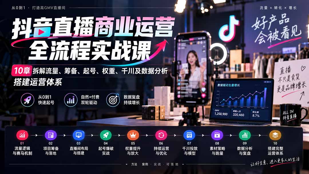 （20407期）抖音直播商业运营全流程实战课：10章拆解流量、筹备、起号、权重、千川及数据分析，搭建运营体系