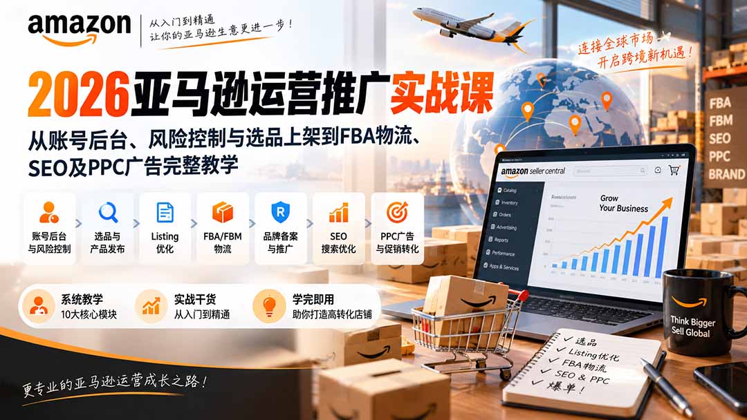 （20410期）2026亚马逊运营推广实战课：从账号后台、风险控制与选品上架到FBA物流、SEO及PPC广告完整教学