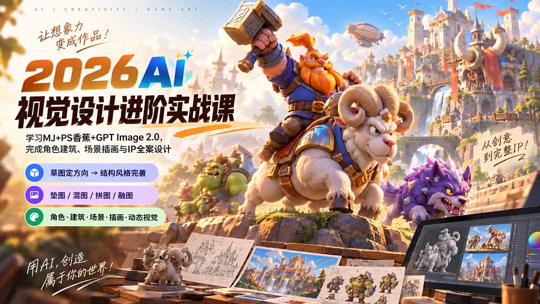 (20424期)2026AI视觉设计进阶实战课-更新:学习MJ+PS香蕉+GPT Image 2.0,完成角色建筑、场景插画与IP全案设计 (20424期)2026AI视觉设计进阶实战课-更新:学习MJ+PS香蕉+GPT Image 2.0,完成角色建筑、场景插画与IP全案设计