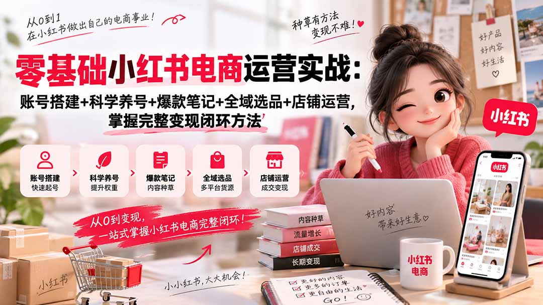 （20467期）零基础小红书电商运营实战：账号搭建+科学养号+爆款笔记+全域选品+店铺运营，掌握完整变现闭环方法