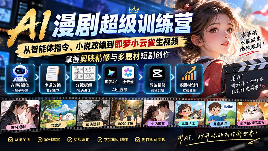 (20491期)AI漫剧超级特训营:从智能体指令、小说改编到即梦小云雀生视频,掌握剪映精修与多题材短剧创作 (20491期)AI漫剧超级特训营:从智能体指令、小说改编到即梦小云雀生视频,掌握剪映精修与多题材短剧创作