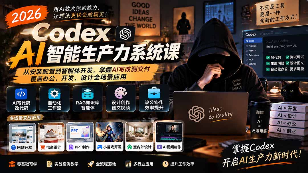 (20535期)2026 Codex AI智能生产力系统课-更新|从安装配置到智能体开发,掌握AI写改测交付,覆盖办公、开发、设计全场景应用 (20535期)2026 Codex AI智能生产力系统课-更新|从安装配置到智能体开发,掌握AI写改测交付,覆盖办公、开发、设计全场景应用