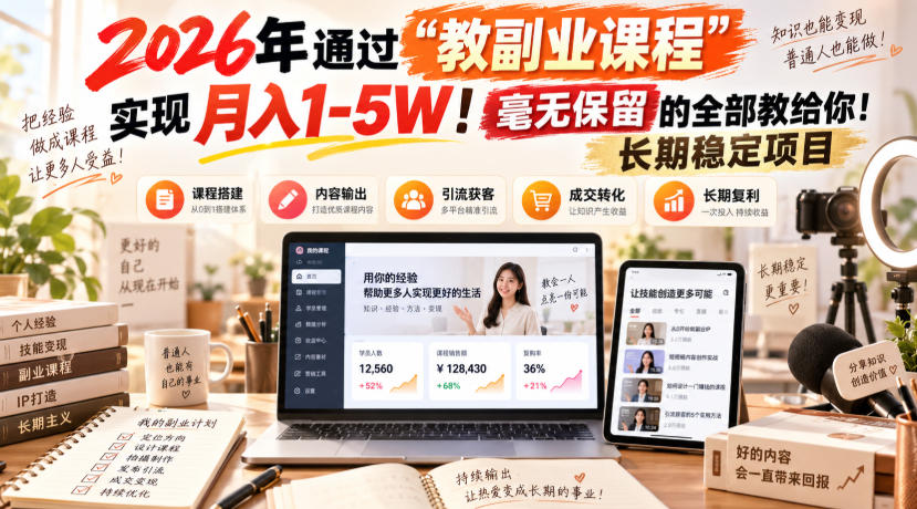2026年通过“教副业”实现月入1-5W!毫无保留的全部教给你!长期稳定项目 2026年通过“教副业”实现月入1-5W!毫无保留的全部教给你!长期稳定项目