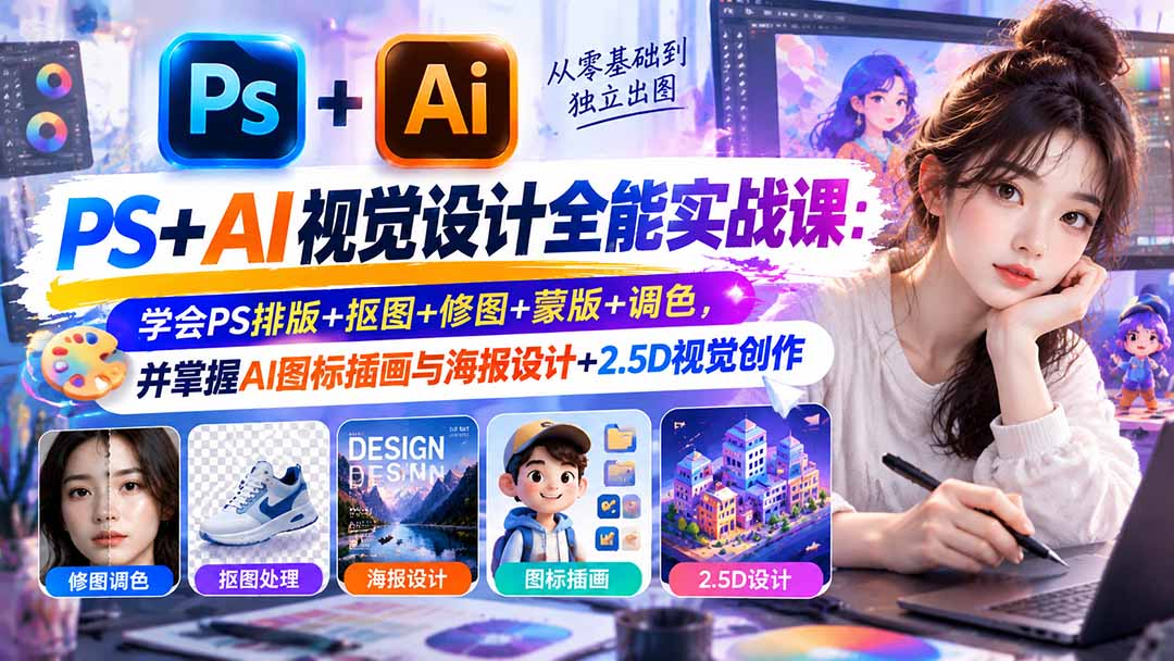 (20749期)【无水印】PS+AI视觉设计全能实战课:学会PS排版+抠图+修图+蒙版+调色,并掌握AI图标插画与海报设计+2.5D视觉创作 (20749期)【无水印】PS+AI视觉设计全能实战课:学会PS排版+抠图+修图+蒙版+调色,并掌握AI图标插画与海报设计+2.5D视觉创作