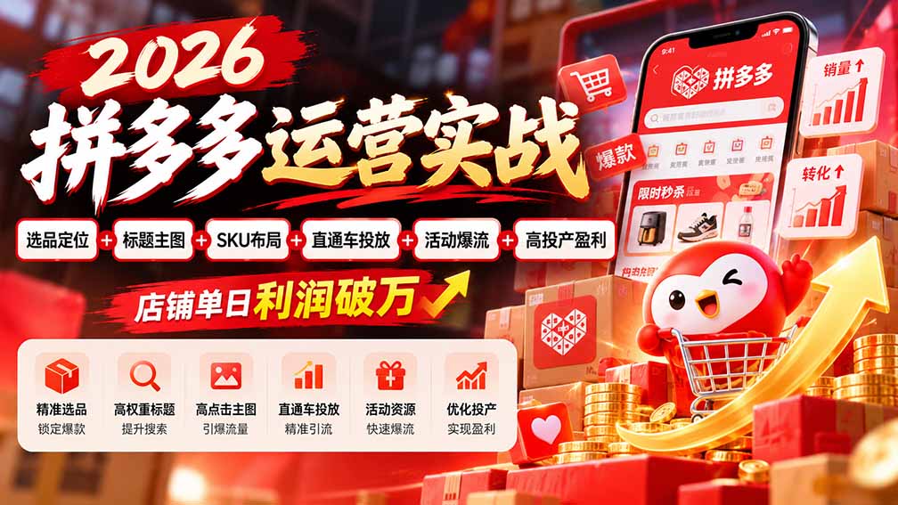(20778期)2026拼多多运营实战-更新1002:选品定位+标题主图+SKU布局+直通车投放+活动爆流+高投产盈利 店铺单日利润破万 (20778期)2026拼多多运营实战-更新1002:选品定位+标题主图+SKU布局+直通车投放+活动爆流+高投产盈利 店铺单日利润破万