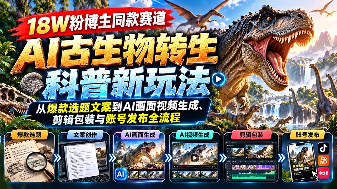 (20833期)18W粉博主同款赛道-AI古生物转生科普新玩法:从爆款选题文案到AI画面视频生成、剪辑包装与账号发布全流程 (20833期)18W粉博主同款赛道-AI古生物转生科普新玩法:从爆款选题文案到AI画面视频生成、剪辑包装与账号发布全流程