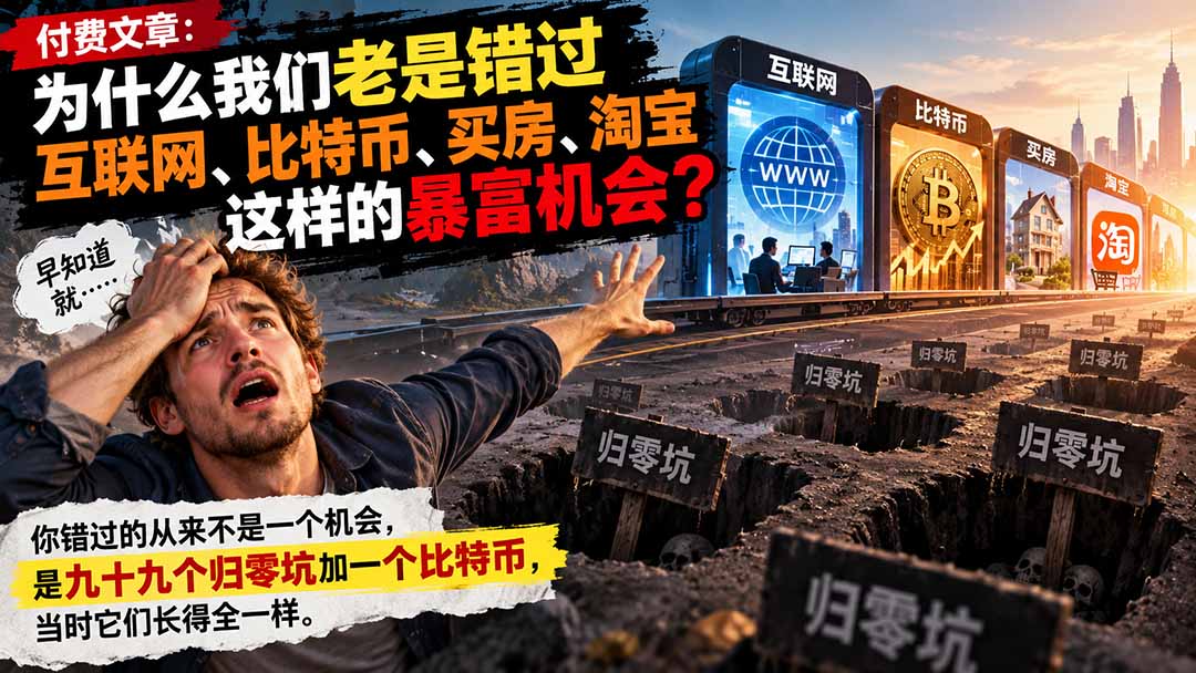(20834期)付费文章:为什么我们老是错过互联网、比特币、买 房、淘宝这样的暴富机会? (20834期)付费文章:为什么我们老是错过互联网、比特币、买 房、淘宝这样的暴富机会?