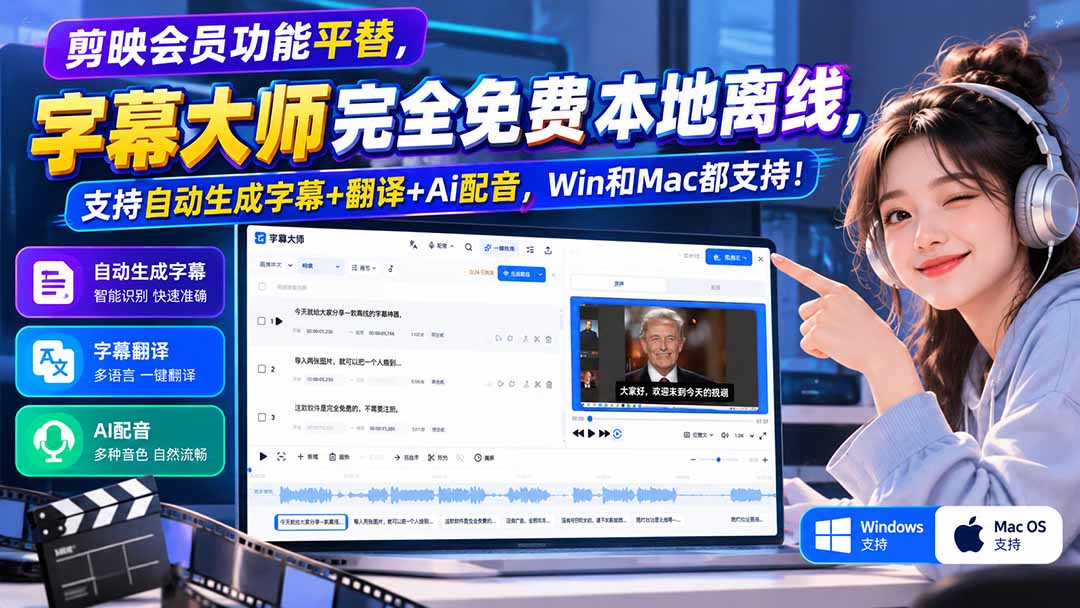 （20902期）剪映会员功能平替，字幕大师完全免费本地离线，支持自动生成字幕+翻译+Ai配音，Win和Mac都支持！