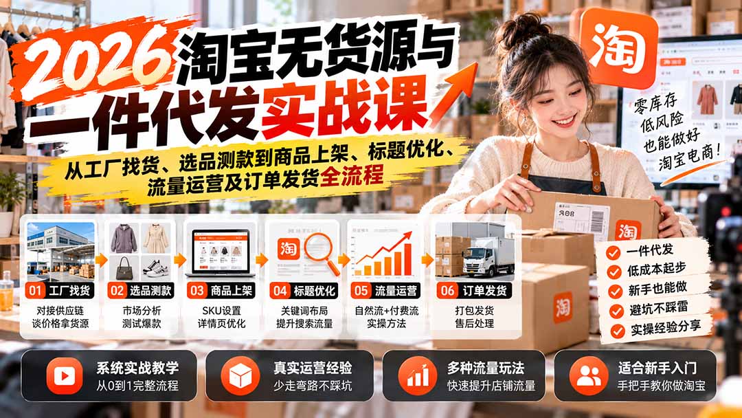 （20903期）2026淘宝无货源与一件代发实战课：从工厂找货、选品测款到商品上架、标题优化、流量运营及订单发货全流程