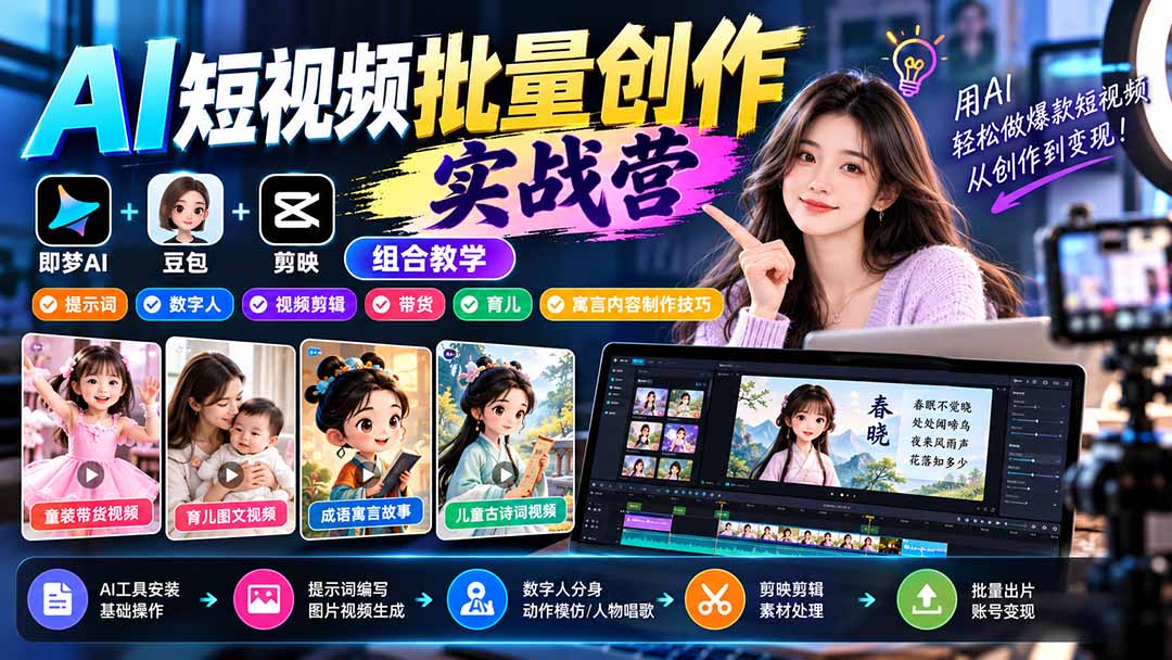 （21039期）【无水印】AI短视频批量创作实战营：即梦+豆包+剪映组合教学，提示词/数字人/视频剪辑/带货/育儿/寓言内容制作技巧