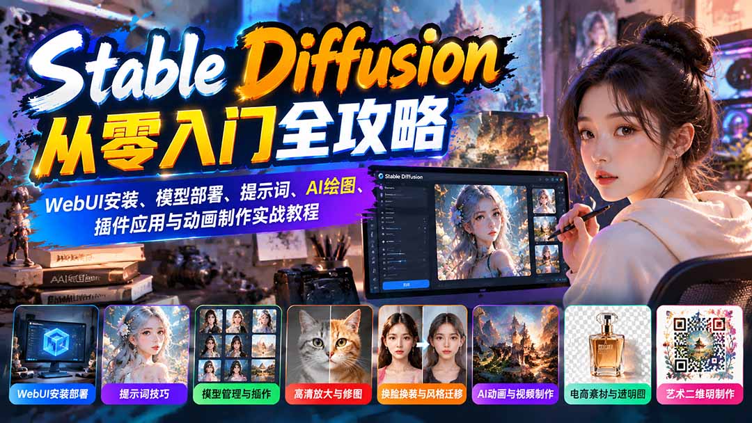（21062期）Stable Diffusion从零入门全攻略：WebUI安装、模型部署、提示词、AI绘图、插件应用与动画制作实战教程