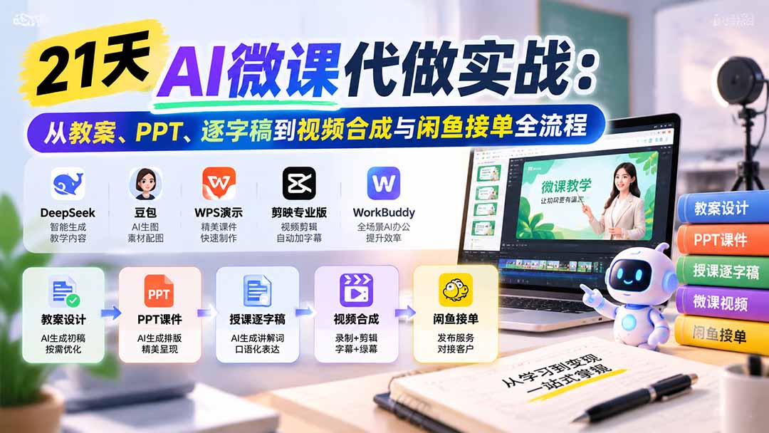 （21065期）21天AI微课代做实战：从教案、PPT、逐字稿到视频合成与闲鱼接单全流程